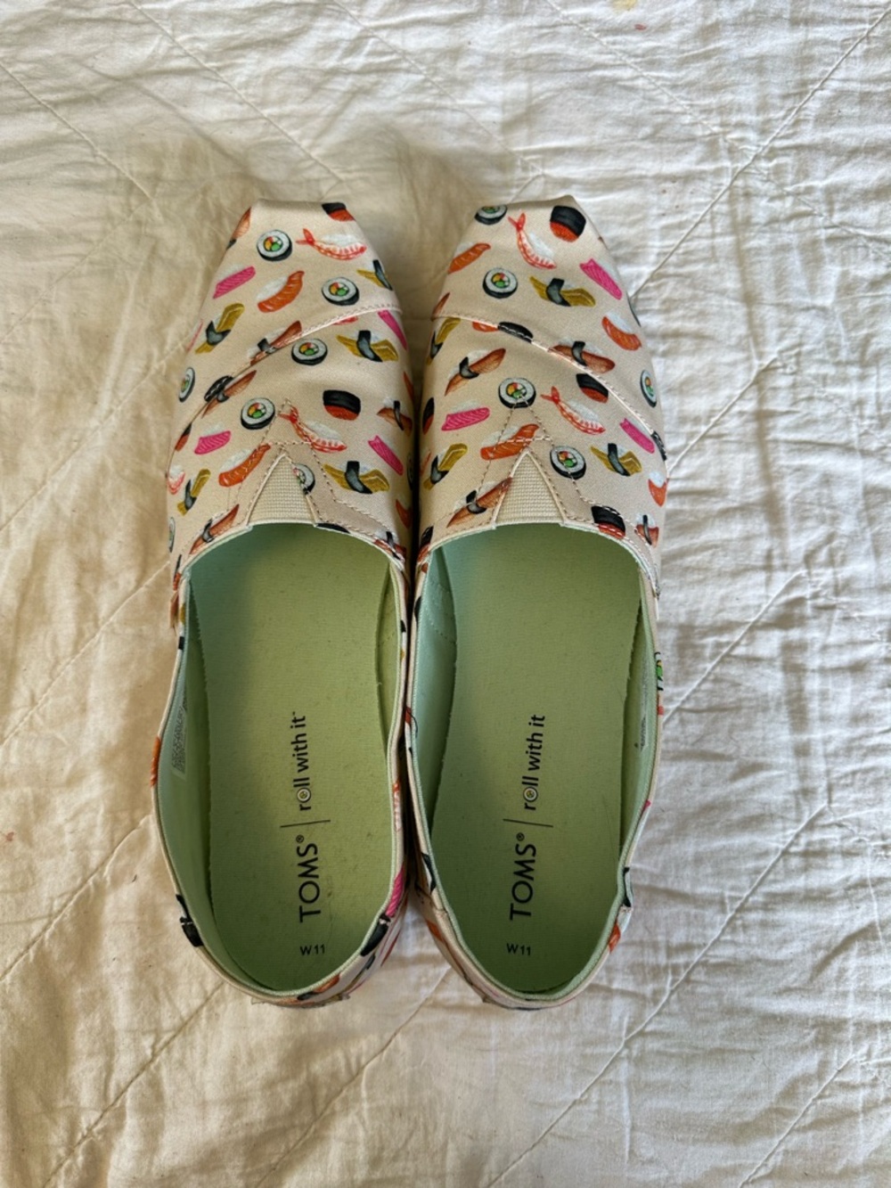 TOMS White Canvas Slip-Ons with Colorful Sushi Print